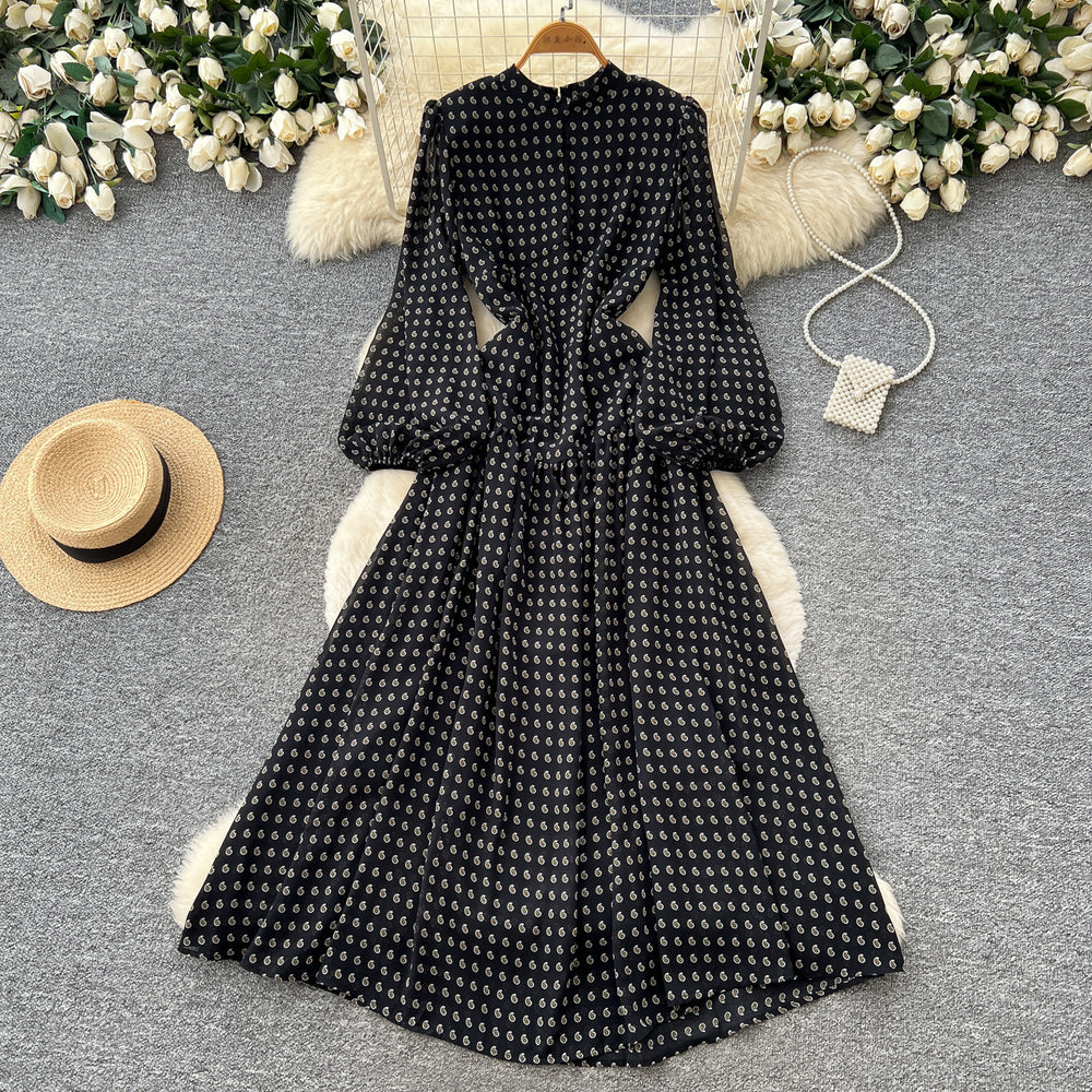 French chic stand collar lantern sleeve polka dot dress - women's slimming a-line maxi dress - autumn  new arrival