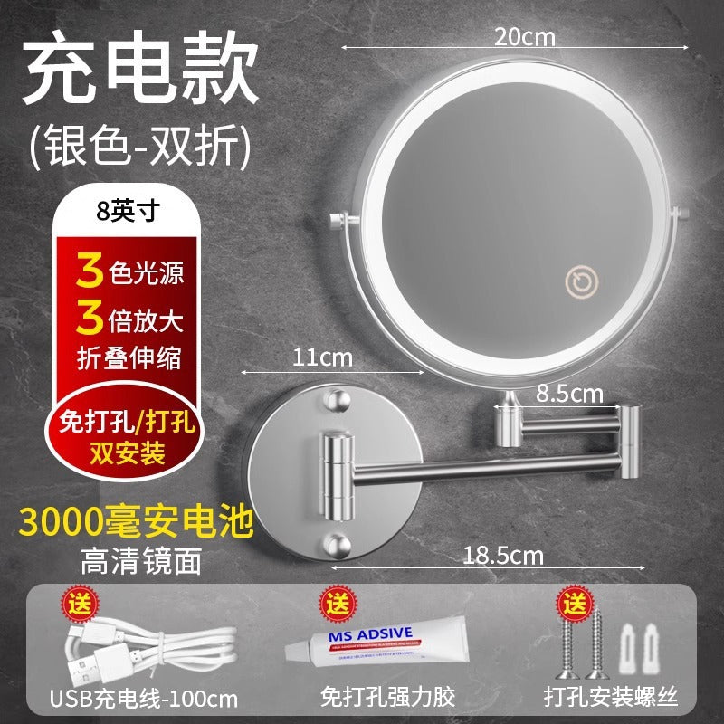 Toilet mirror folding non-punching hotel bathroom cosmetic mirror wall hanging telescopic double-sided LED beauty mirror with lamp