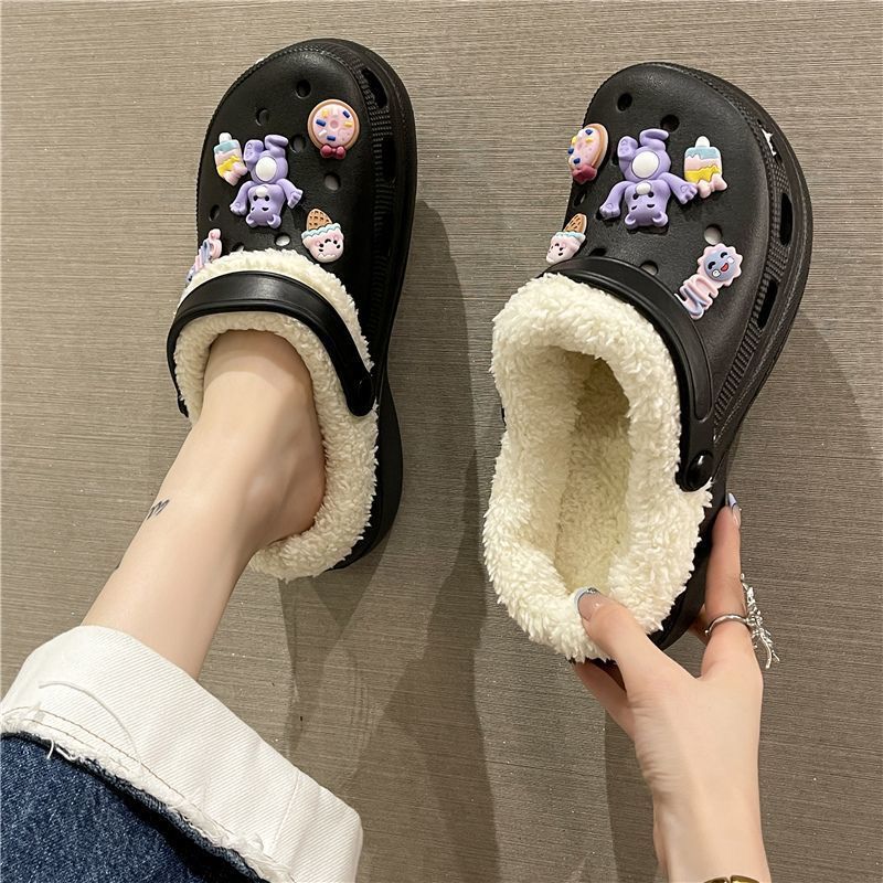 Detachable fleece-lined clogs for women, autumn/winter, girly high-heeled cute student anti-slip cotton slippers, fuzzy cotton shoes