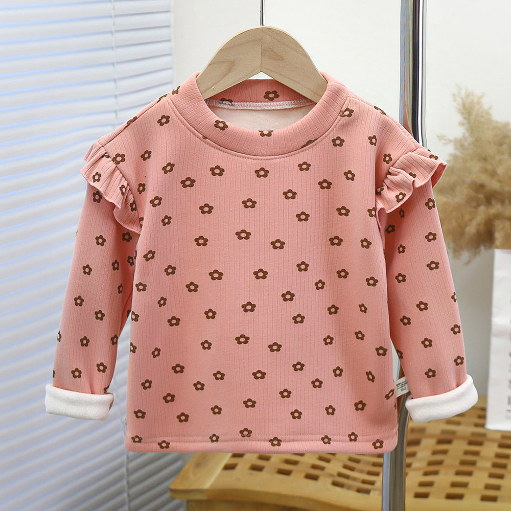 Girls' fall/winter floral print undershirt - girls' flutter sleeve autumn t-shirt - versatile trendy flutter sleeve undershirt for little girls