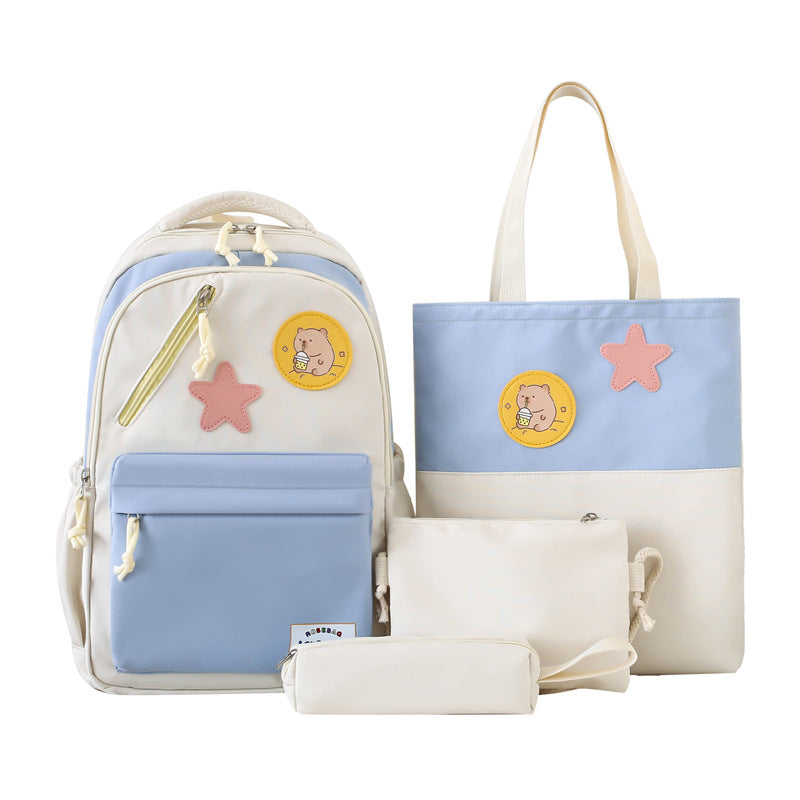 Korean version of college style schoolbag four-piece set, primary and secondary school backpack, girls fresh and sweet backpack, multi-compartment backpack