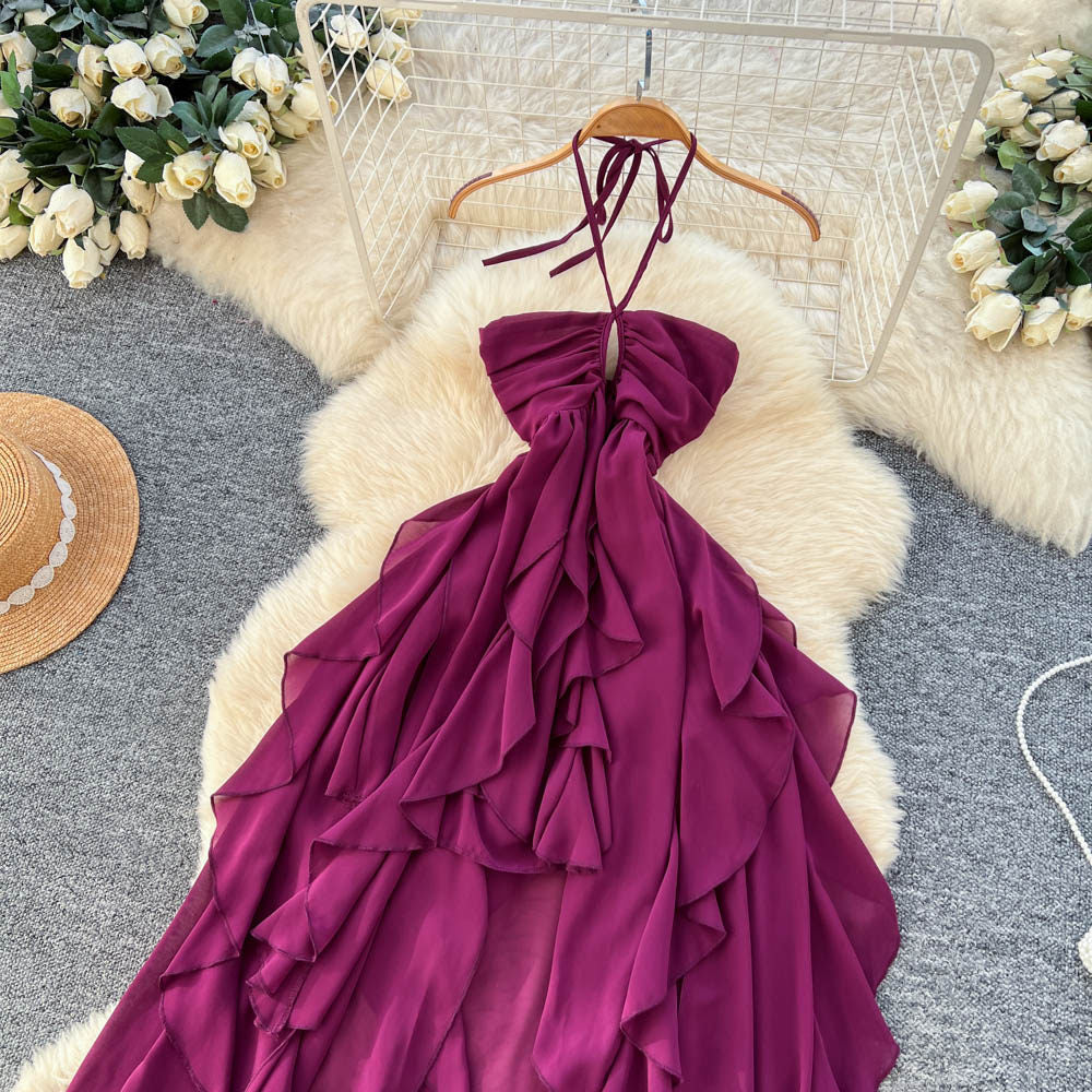 Vacation style halterrufflesdress women's summerk-style high waist a-line asymmetrical long skirt work clothing outfit