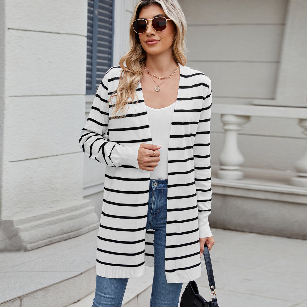 foreign trade  new arrival european and american clothing   cardiganlongknittingstripesoutwearsweater