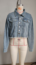 Fashion cross-border export lapel double chest pocket metal single-breasted long sleeves hem hair cut short denim outwear