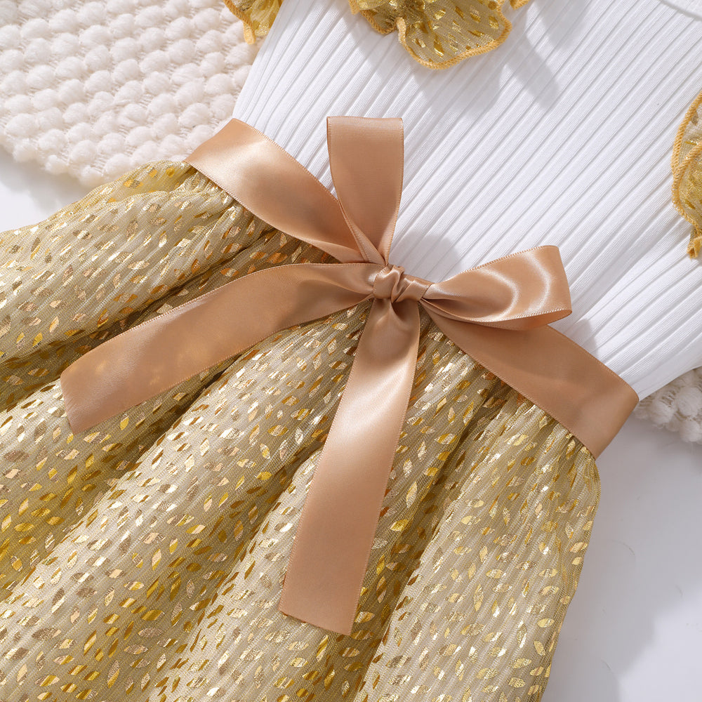 Girls' dress for toddlers and young children, ruffle sleeve ribbed knit cutout patchwork dress