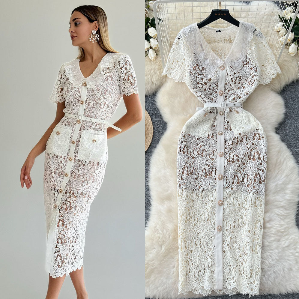 Elegant chanel-inspired summer dress for women - sweetheart style with peter pan collar, short sleeves, beaded single-breasted closure, slim fit, and lace crochet detailing
