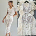 Elegant chanel-inspired summer dress for women - sweetheart style with peter pan collar, short sleeves, beaded single-breasted closure, slim fit, and lace crochet detailing