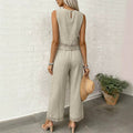 lazy style cotton and linen two-piece set hem cut outembroider sleeveless vest elastic draped wide-leg three-quarter
