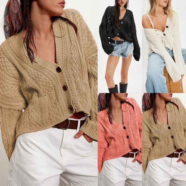 New autumn and winter European and American  women's clothing is hot on sale  short twist loose solid color knitted cardigan jacket