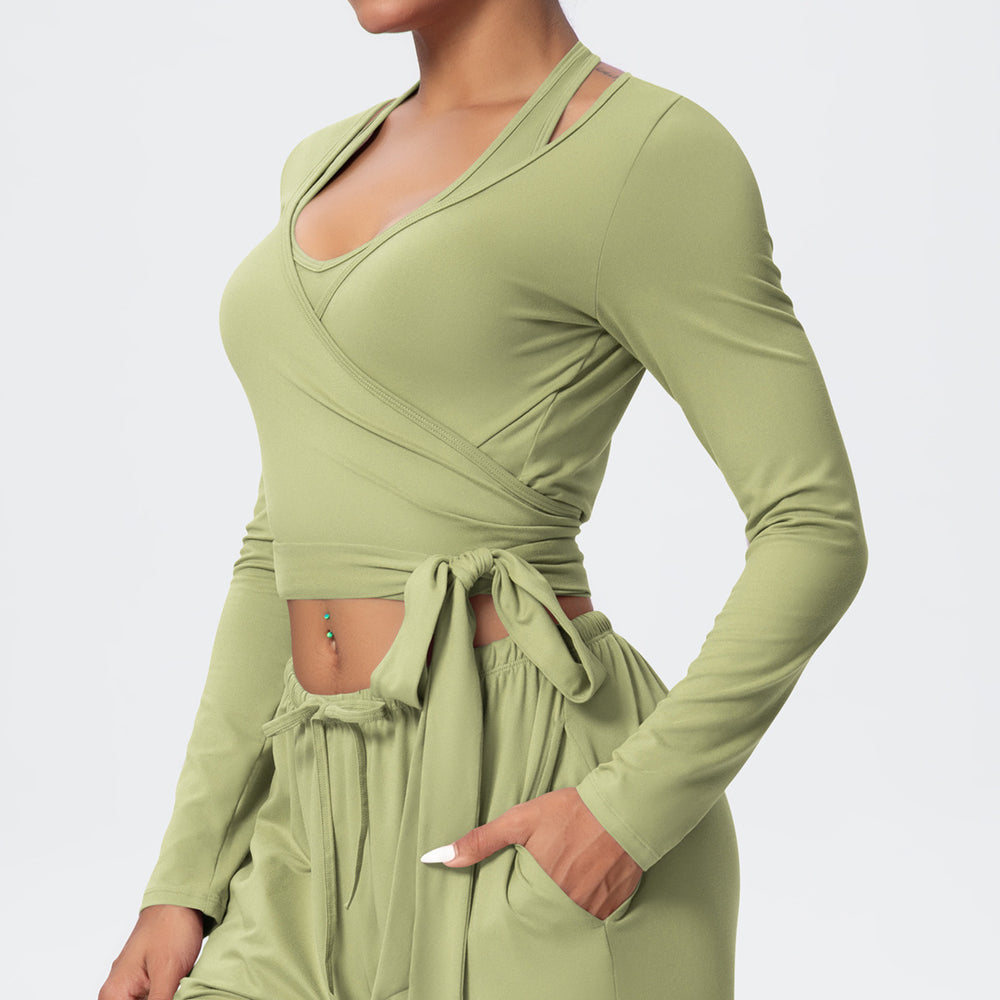 European and american fashionable brushed yoga top - one-piece tie-up long sleeve activewear for outdoor high-end fitness