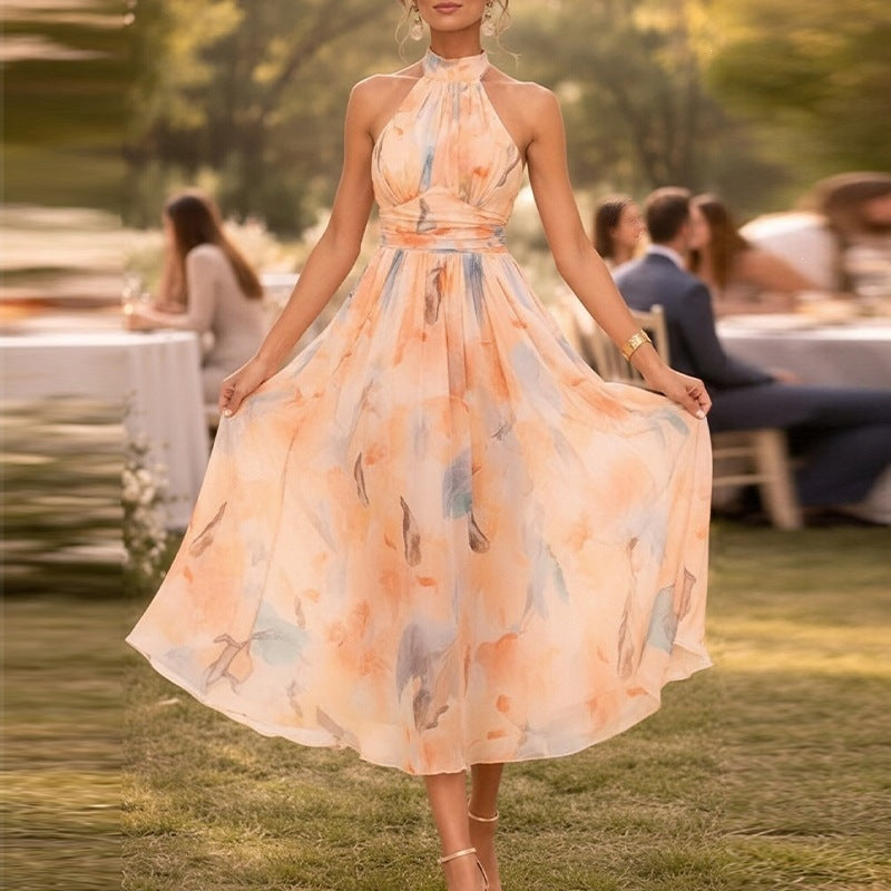 women's summer new arrivals: european and american cross-border fashion - elegant printed halter neck, cinched waist, backless dress