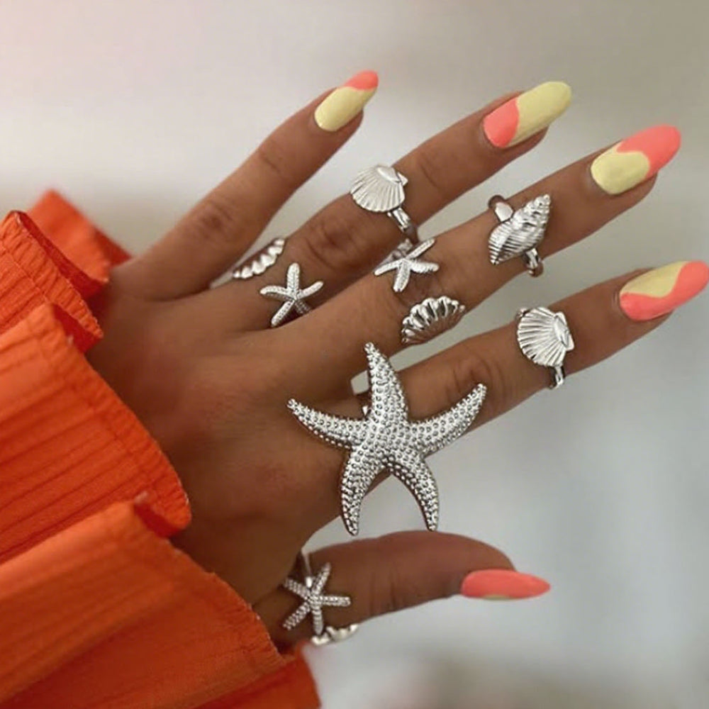 Wholesale ring sets: cross-border ocean-inspired jewelry - starfish, seashell, knuckle rings, irregular ins-style stackable rings