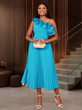 Am030113 one shoulder slanted neck high waistdress party banquet multi-color pleated skirt party dress