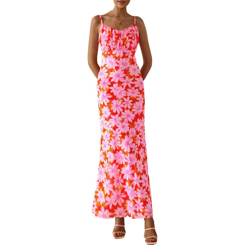 Amazon fashion elegancefloralsilm sleeveless dress women's  summer new beach suspender skirt