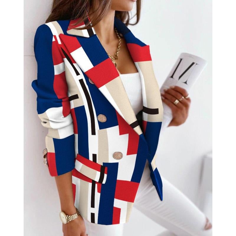 Fall and winternew arrivallong sleeves double-breasted fashioncasualprinting small suit women's silmwoolenoutwear