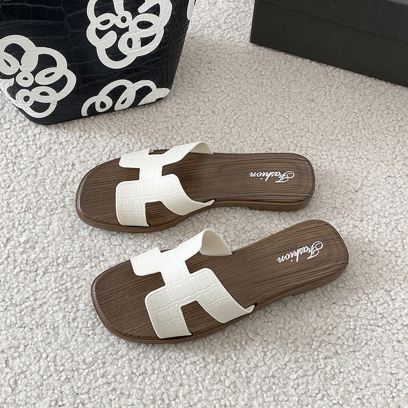 Xiaoxiangfeng sandals women's summer outwear non-slipeasiest for matchfashion imitation wood grain flatsh belt one-line slippers women's export