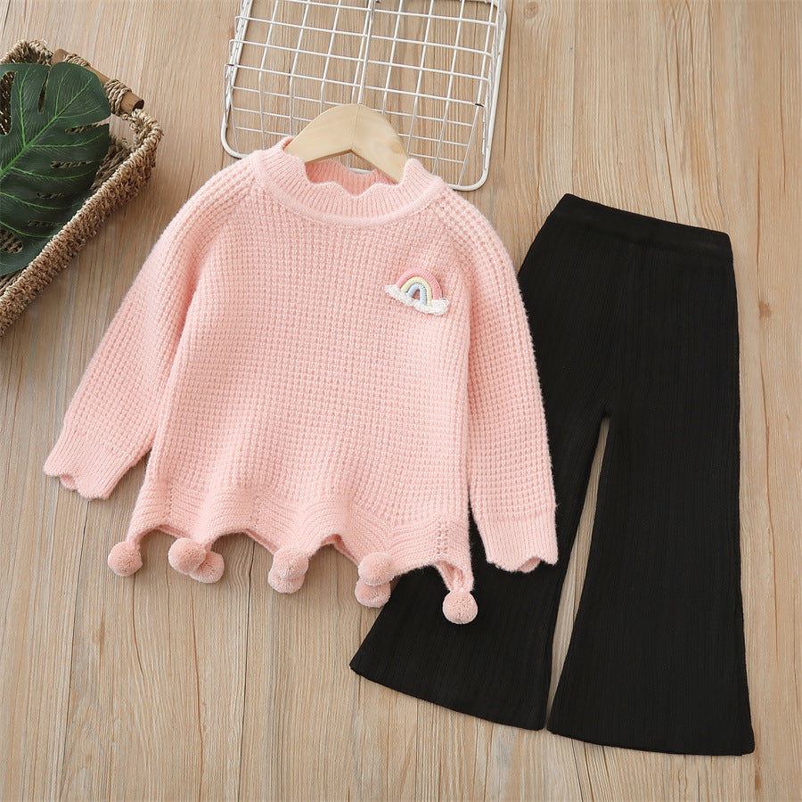 Dropshipping girls' knitted sweater two-piece set -  autumn/winter new collection - handmade floral pants outfit for baby girls
