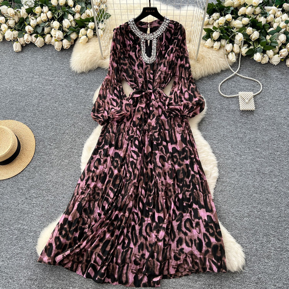 Luxury european and american style leopard print puff sleeve dress - women's summer belted slimming diamond-accented hot girl maxi dress