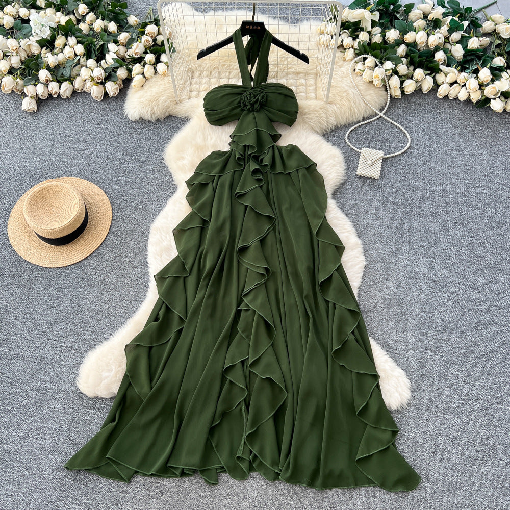 Pure desire style hollow stereo flower halter suspender dress women's vacation outfit rufflestube top long skirt
