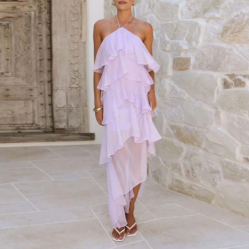 european and american export women's clothing summer new fashion vacation halter neck solid color ruffle trim maxi dress