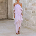european and american export women's clothing summer new fashion vacation halter neck solid color ruffle trim maxi dress