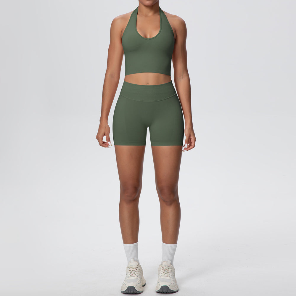 fashion seamless breathable halter back yoga suit running sports fitness yoga suit two-piece set for women