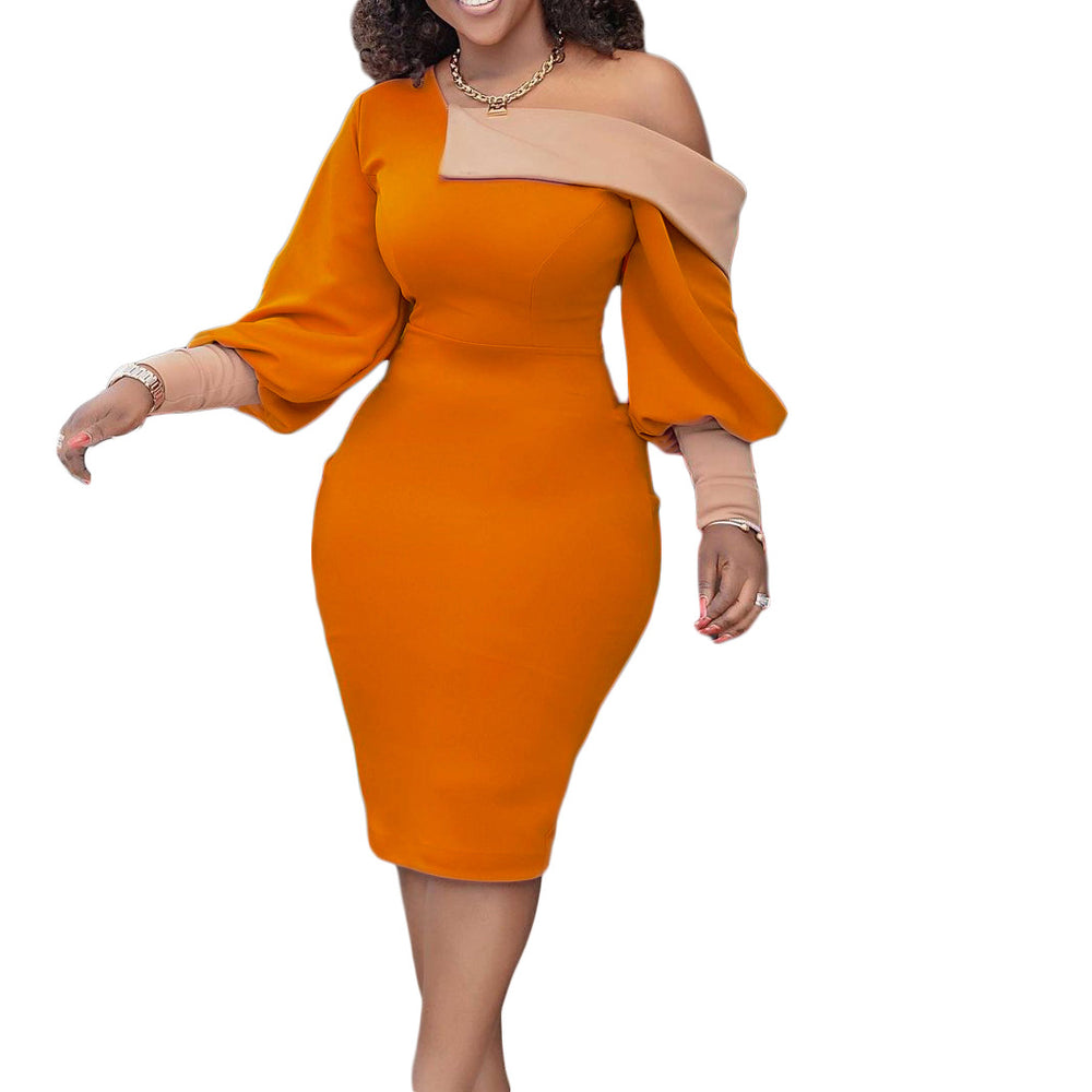 D236 new arrivalfashion color matching hip-covering off-shoulder puff sleeves elegant silmolplus sizeexportdress