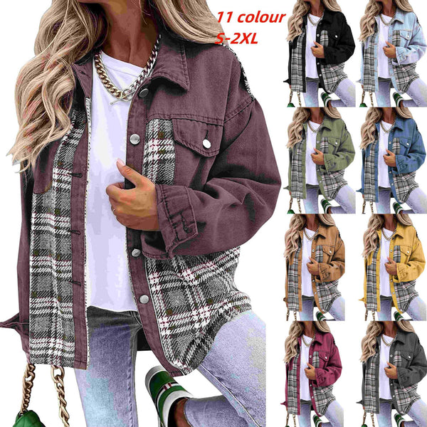 independent station hot sale,  autumn and winter, denim jacket long-sleeved plaid button-up shirt jacket top