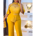 new rhinestone & beaded african  plus size women's autumn outfit: irregular top + pants two-piece set
