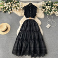 French chic high-end stand collar cutout embroidery lace trim sleeveless cinched waist slimming elegant dress