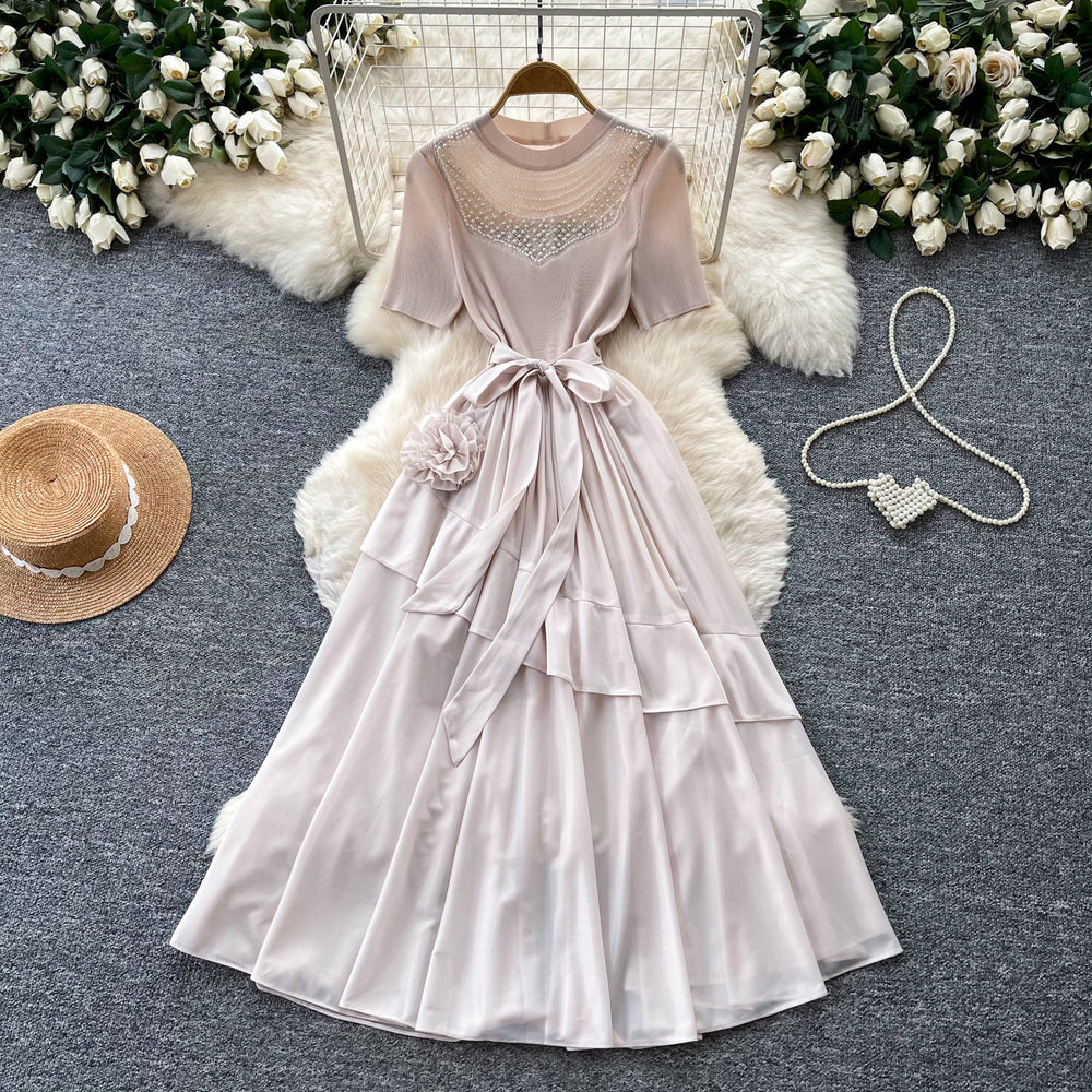 Qianjinfeng heavy industry beading asymmetrical dress women's green mesh patchwork waist slimming look a-line elegant long skirt