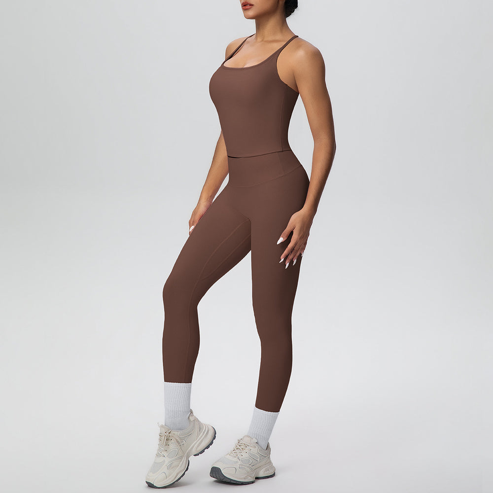 New arrival cross-border brushed back tight i-shaped back high waist yoga suit sports running fitness two-piece set
