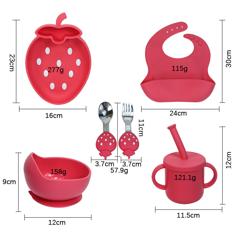 strawberry kids silicone plate and bowl set with suction cup - all-in-one design, baby silicone tableware, cartoon divided plate