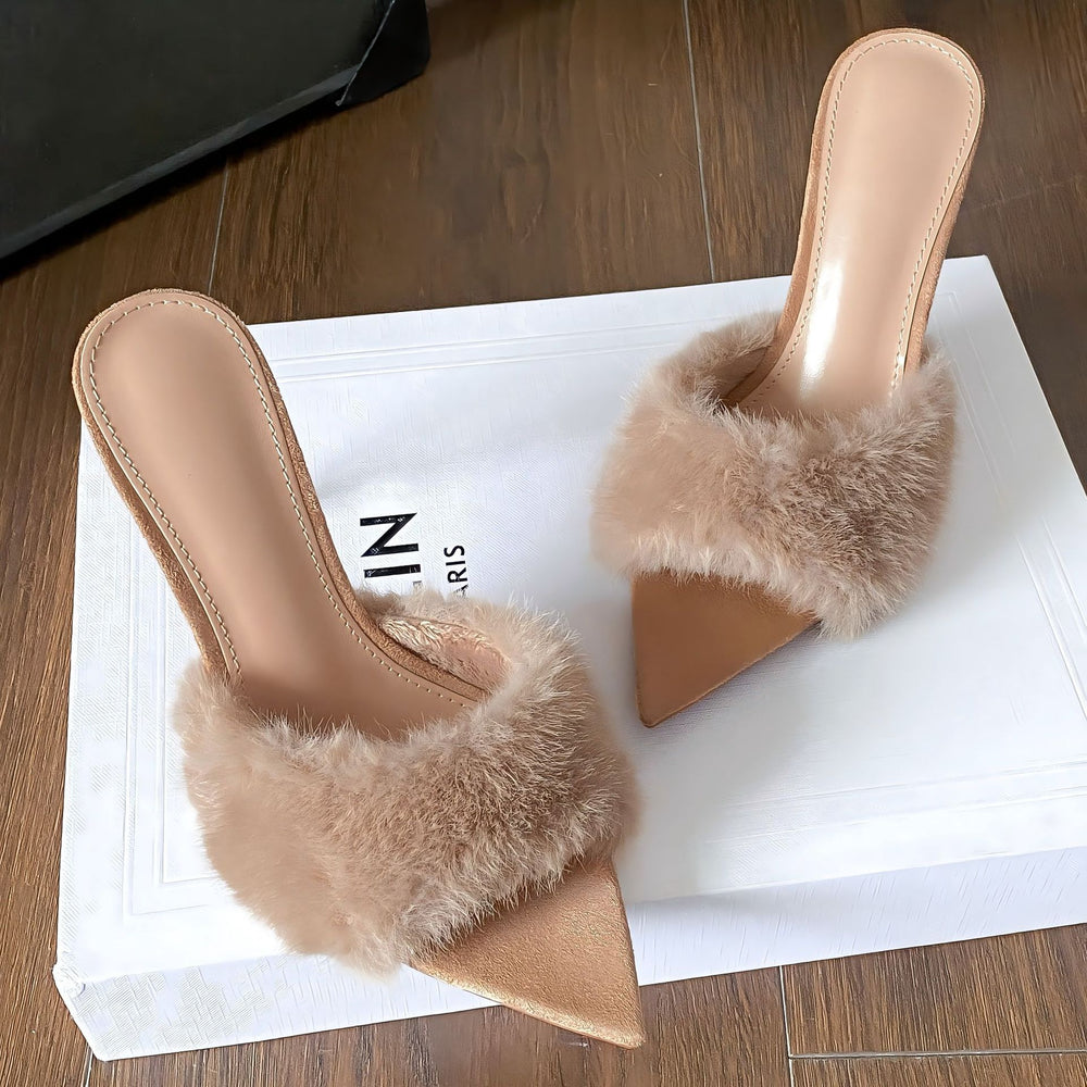 Yx 2025 autumn/winter new collection: stylish and versatile warm fuzzy slides - pointed toe stiletto heel mules