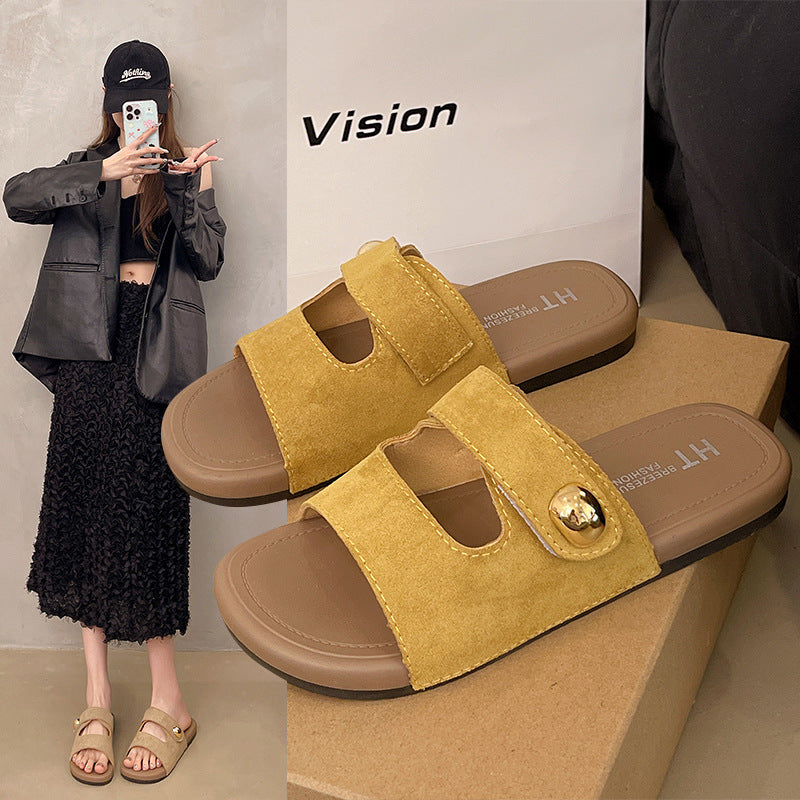 Women's summer slides 2025 new flat retro casual versatile one-strap sandals fashionable trendy niche design