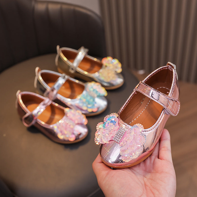 Girls'  spring new bowknot soft sole princess leather shoes for mid-to-large children - wholesale magic tape closure kids' shoes (direct from manufacturer)