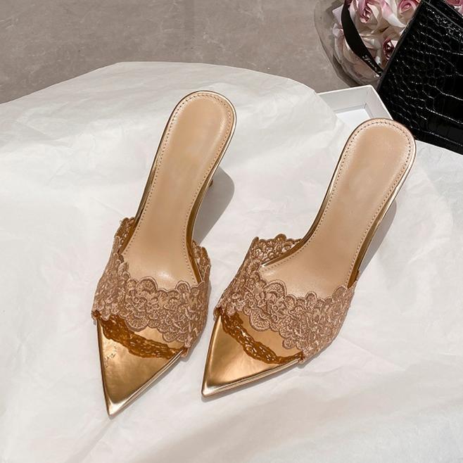 2026 summer huizhou european and american pointed-toe stiletto lace high heel slippers, single strap champagne fashion outdoor sandals