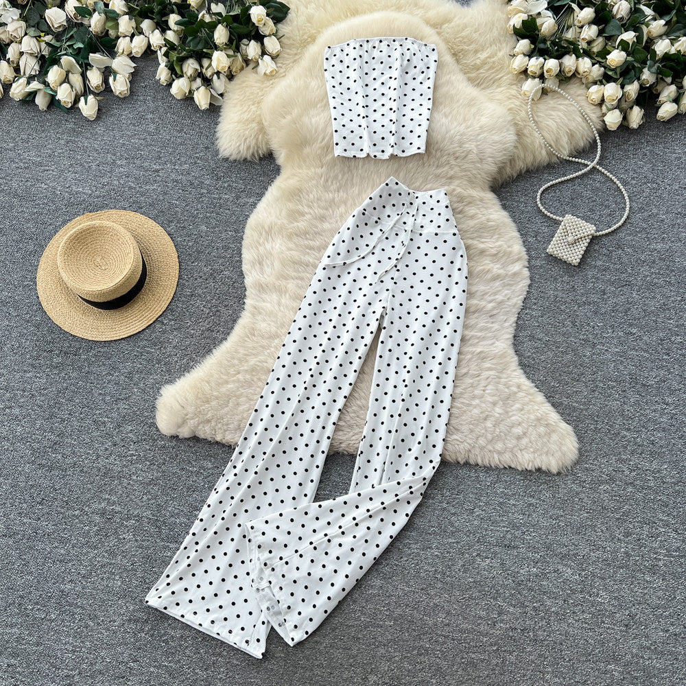 Lazy style strappy tube top vest high waist polka dot pants women's summertwo-piece setwork clothingslimming lookeleganteasiest for matchsuit