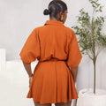 European and american cross-border women's fashion:  autumn/winter new collection - solid color short-sleeve shirt collar, cinched waist, drawstring, elegant dress
