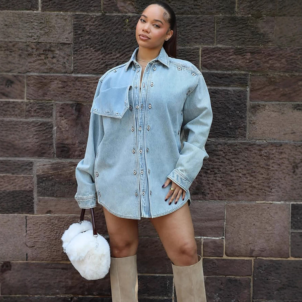 European and american cross-border women's denim jacket,  foreign trade women's clothing, loose fit patchwork design, long sleeve jacket top