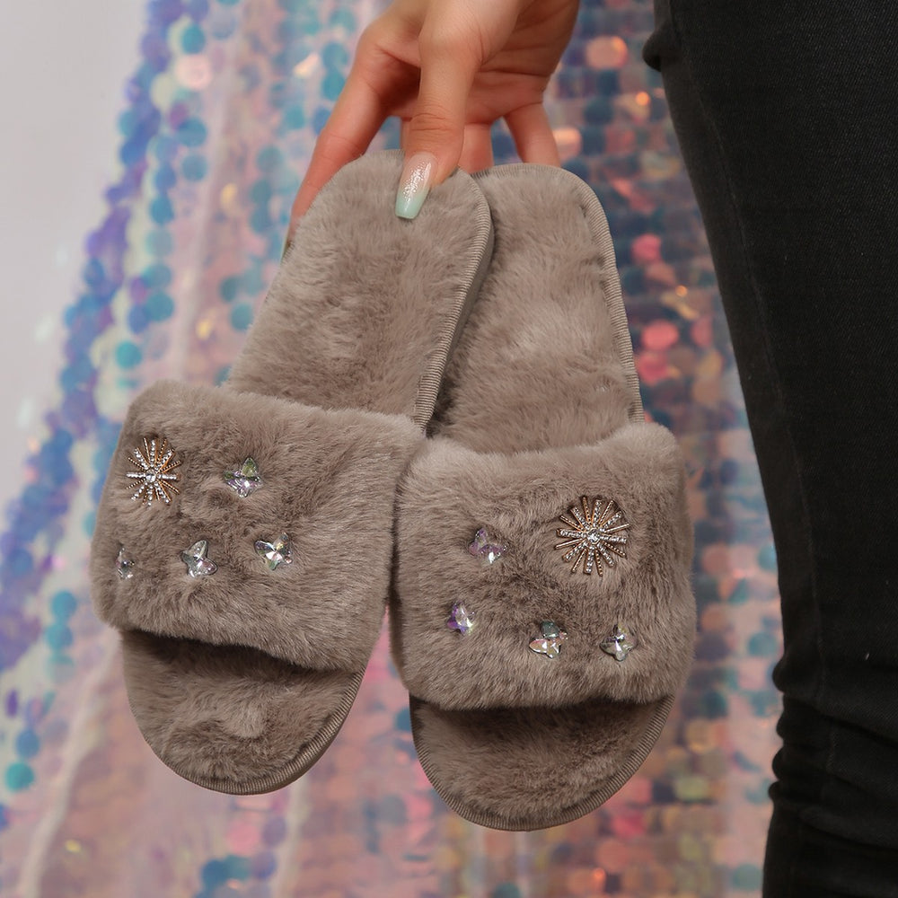 new arrivalfashionpopular rhinestone fur slippers women's fall and winter home thickenedheattech floor cotton slippers