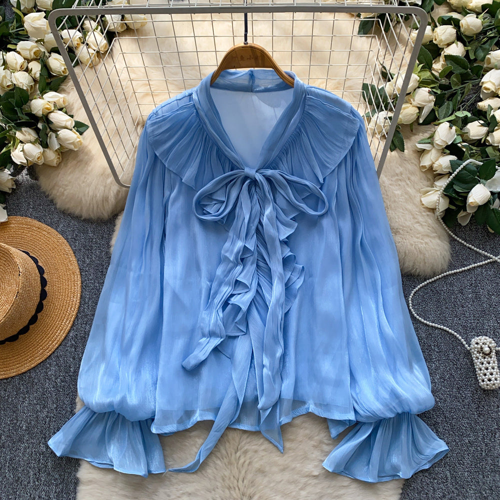 Korean style commute chic pink bow tie blouse - women's summer long sleeve ruffle trim loose fit solid color top