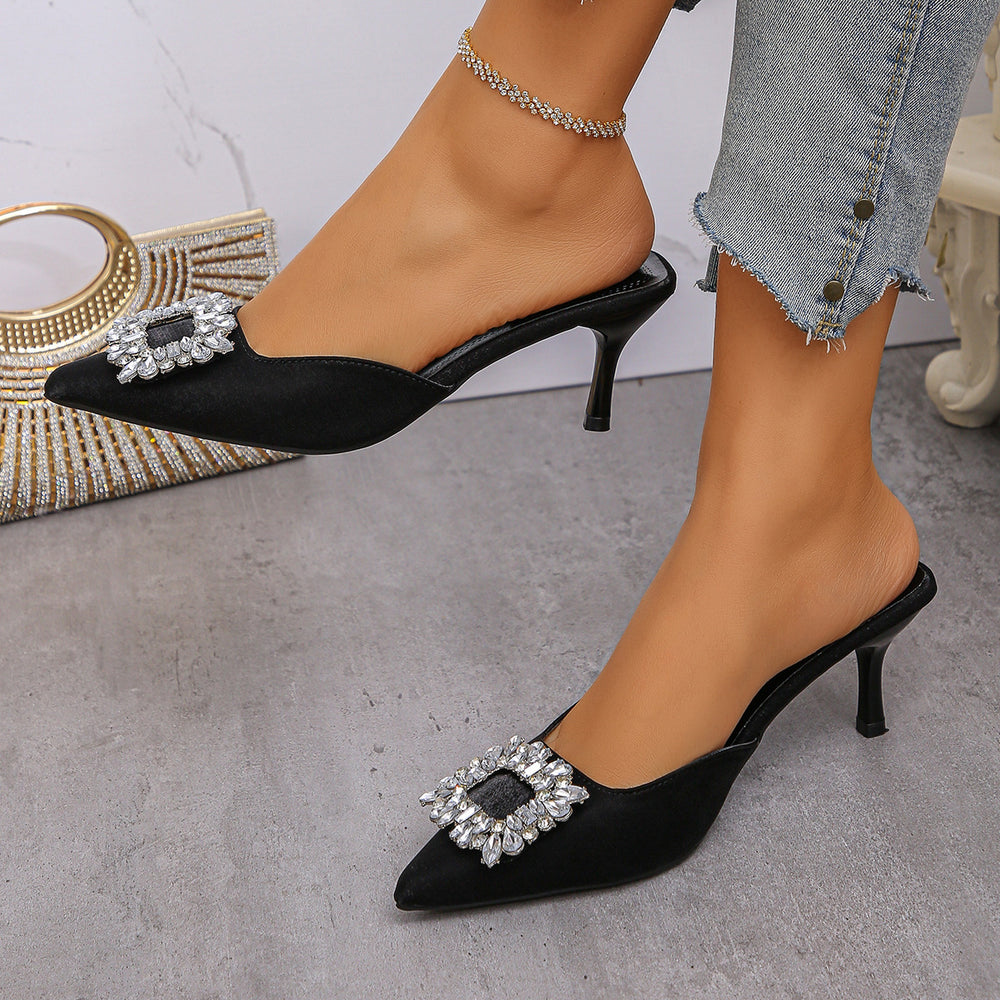 2026 summer new collection: rhinestone-embellished pointed-toe mules with square buckle – women's stiletto and mid-heel closed-toe half slippers
