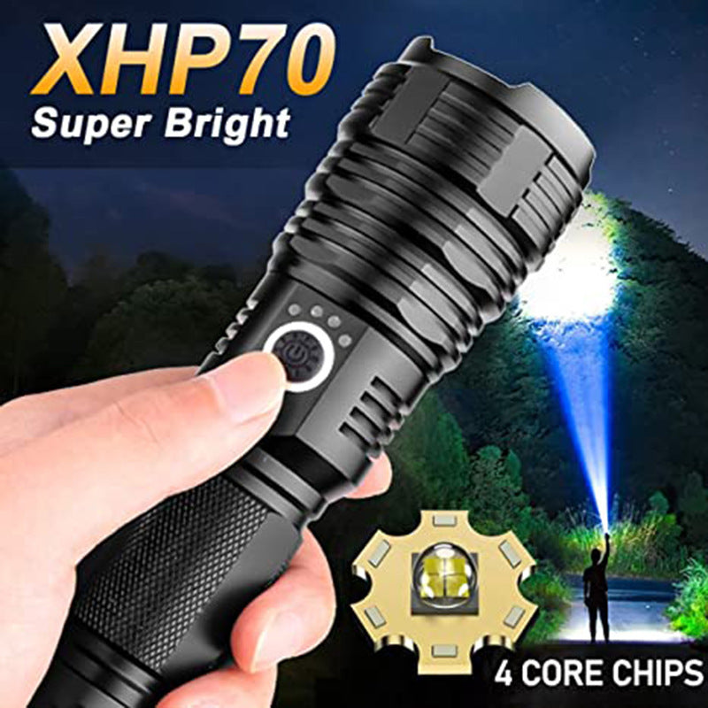 Cross-border XHP70.2 strong light flashlight USB charging screen display zoom long-range high-power super bright LED flashlight
