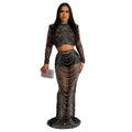C6318 cross-border   fashion women's solid color mesh rhinestone long sleeve maxi dress two-piece set