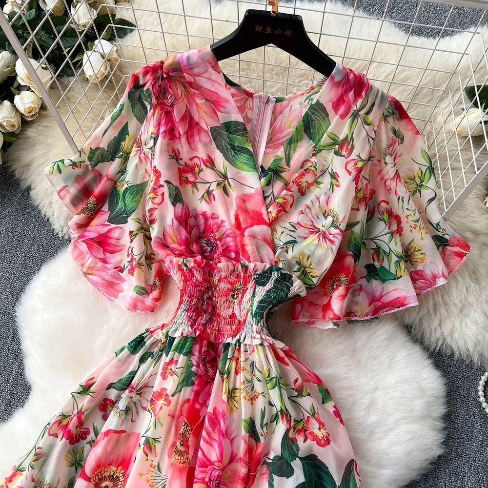 Light mature style women's resortdress2024summernew arrival waistelegant drape large swing floral chiffon skirt