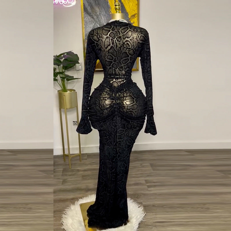 European and american women's clothing  summer new arrival: elegant half-high neck mesh long sleeve high-waisted bodycon mini dress