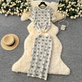 Knitted set for women, summer : premium round neck short sleeve top with bow print & high-waisted bodycon midi skirt