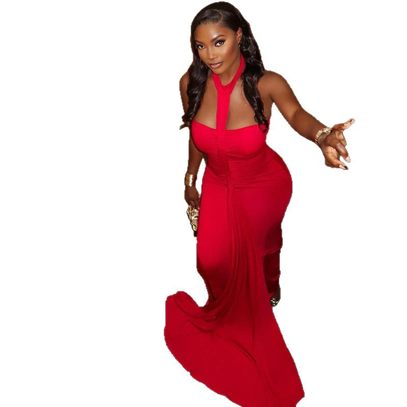 Fashion style pure colorelegant women's backlesstube top silm hip skirt pleated low-cut banquet backless trendydress