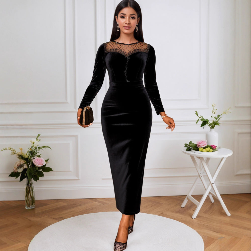 French round neck see-through velvet dress - sexy mesh panel long sleeve bodycon mini dress for evening events